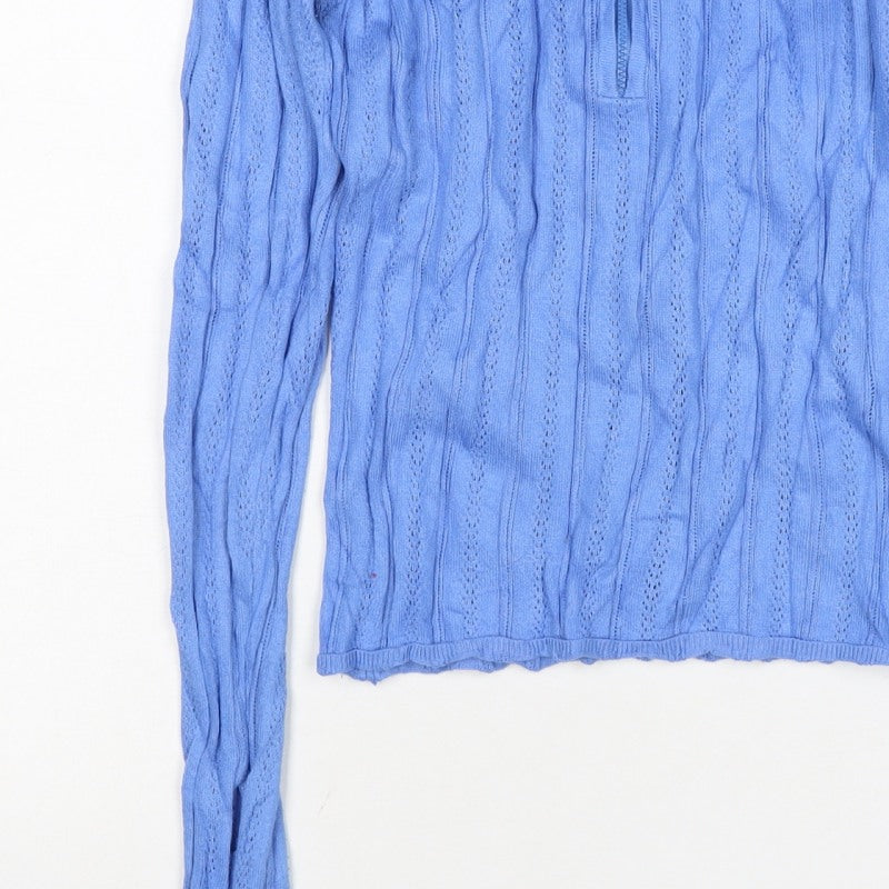 ASOS Design Women Blue Petite 8 Cotton Knit Cowl Neck Zip Top