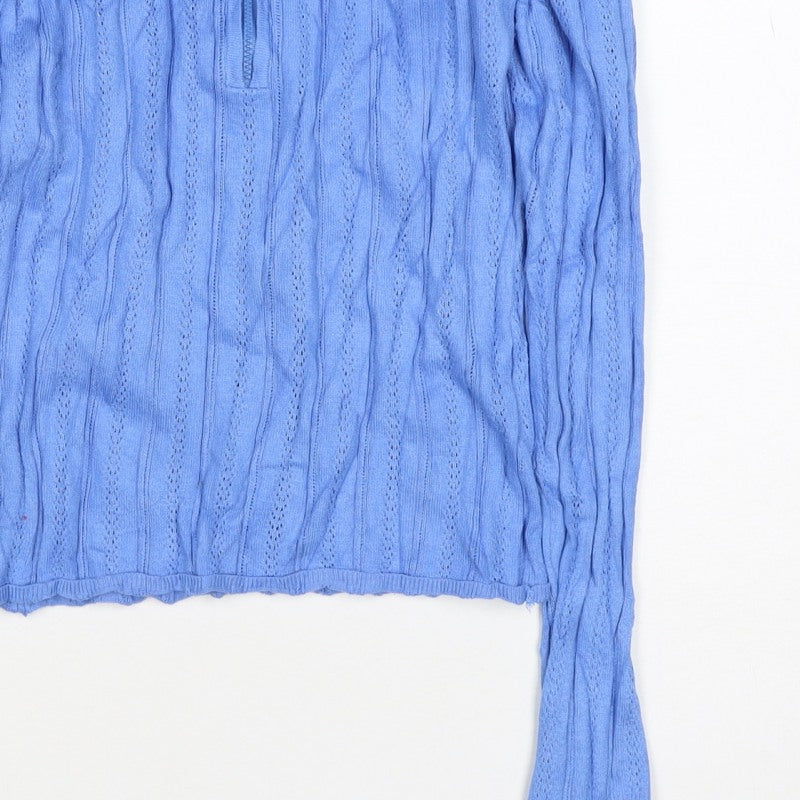 ASOS Design Women Blue Petite 8 Cotton Knit Cowl Neck Zip Top