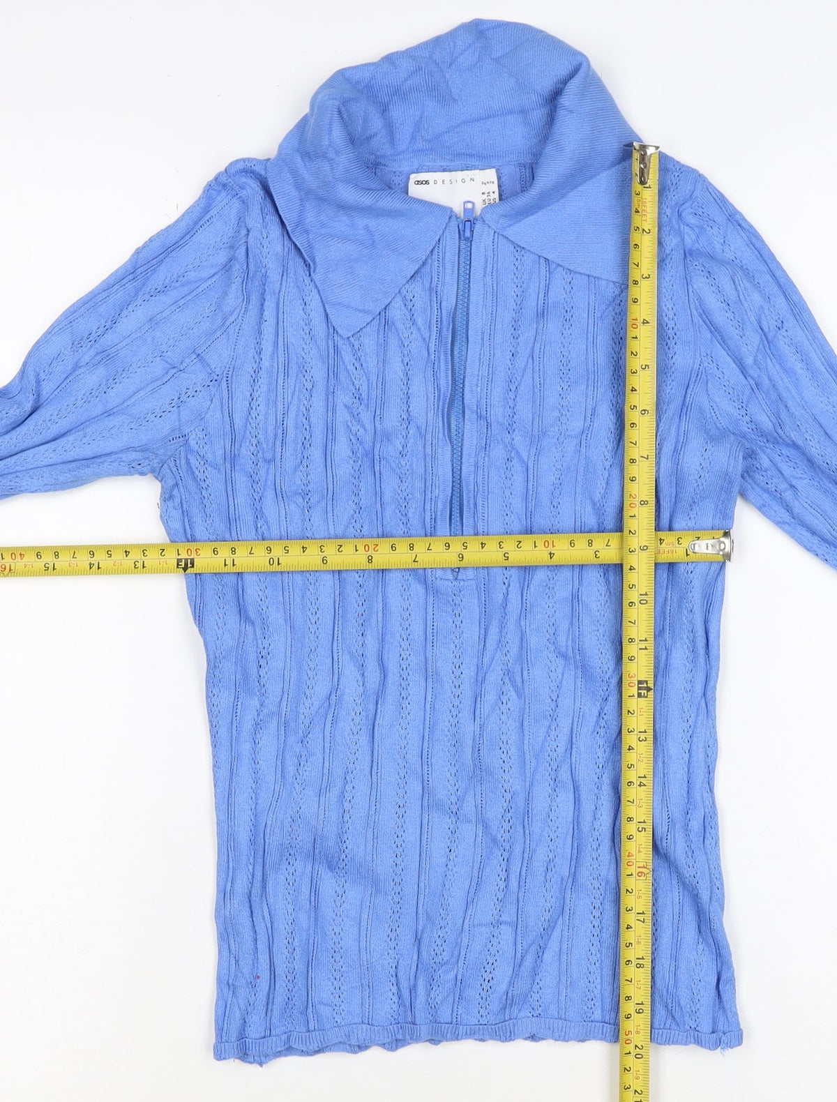 ASOS Design Women Blue Petite 8 Cotton Knit Cowl Neck Zip Top