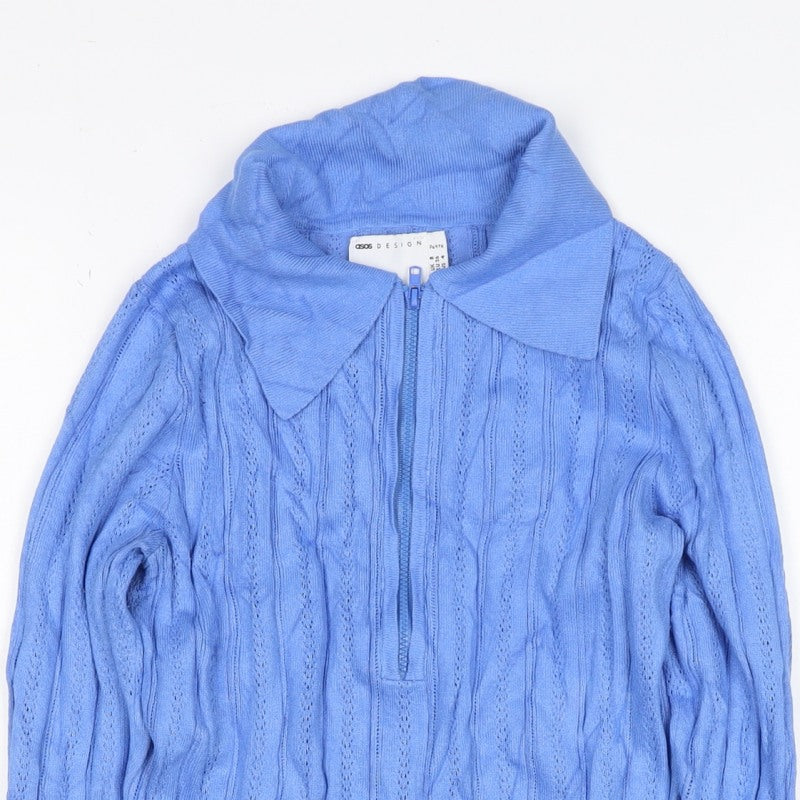 ASOS Design Women Blue Petite 8 Cotton Knit Cowl Neck Zip Top