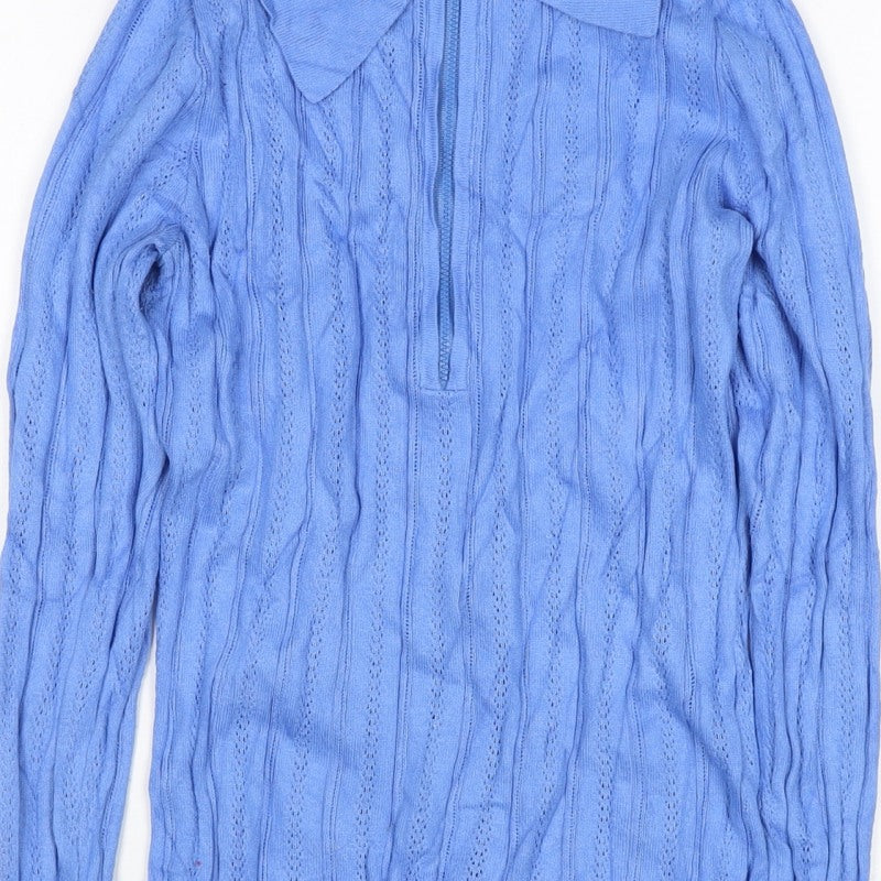 ASOS Design Women Blue Petite 8 Cotton Knit Cowl Neck Zip Top