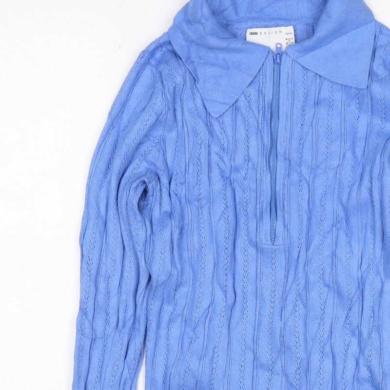 ASOS Design Women Blue Petite 8 Cotton Knit Cowl Neck Zip Top