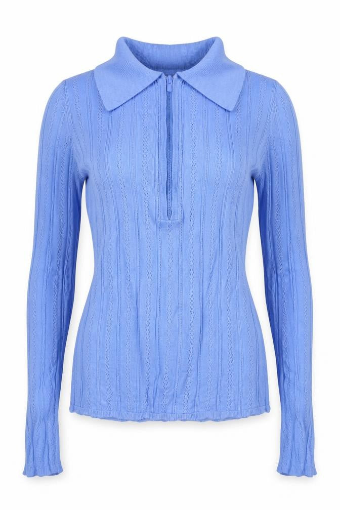 ASOS Design Women Blue Petite 8 Cotton Knit Cowl Neck Zip Top