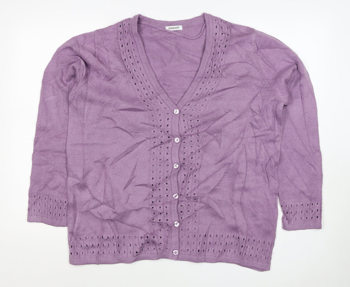 Damart Women Purple UK 20 V-Neck Button 3/4 Sleeve Cardigan
