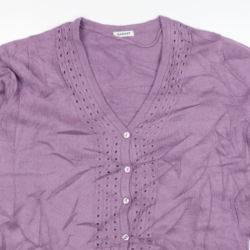 Damart Women Purple UK 20 V-Neck Button 3/4 Sleeve Cardigan