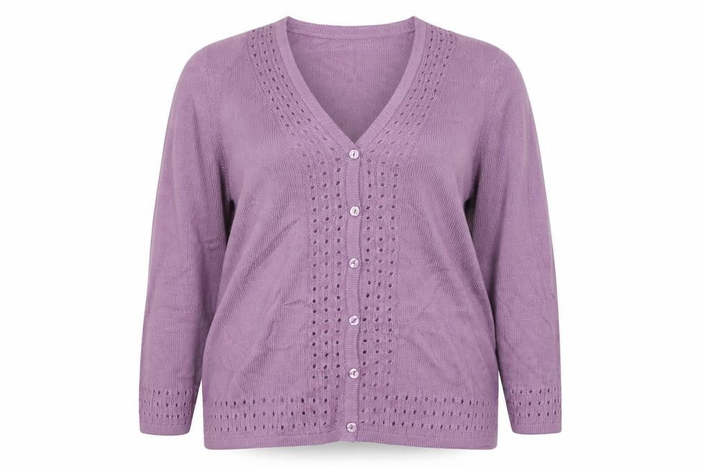 Damart Women Purple UK 20 V-Neck Button 3/4 Sleeve Cardigan