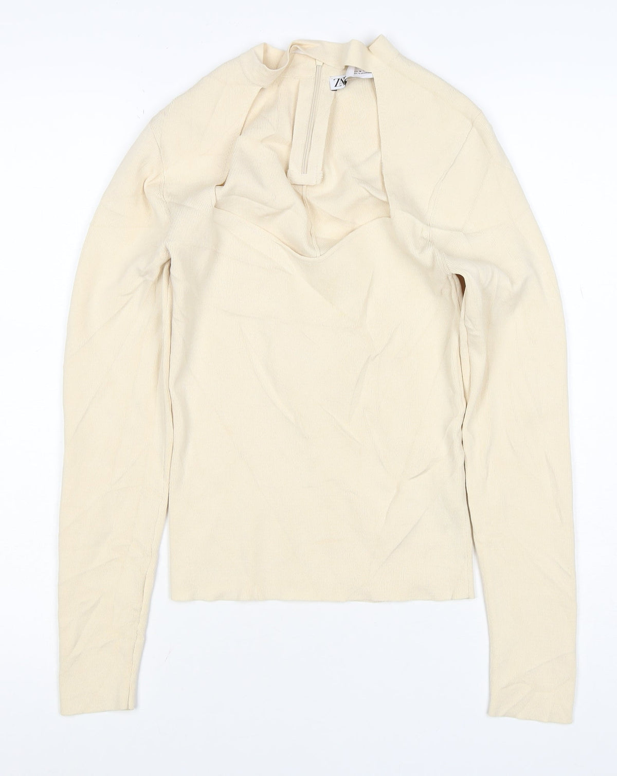 Zara Women Ivory M Knit High Neck Long Sleeve Zip Top