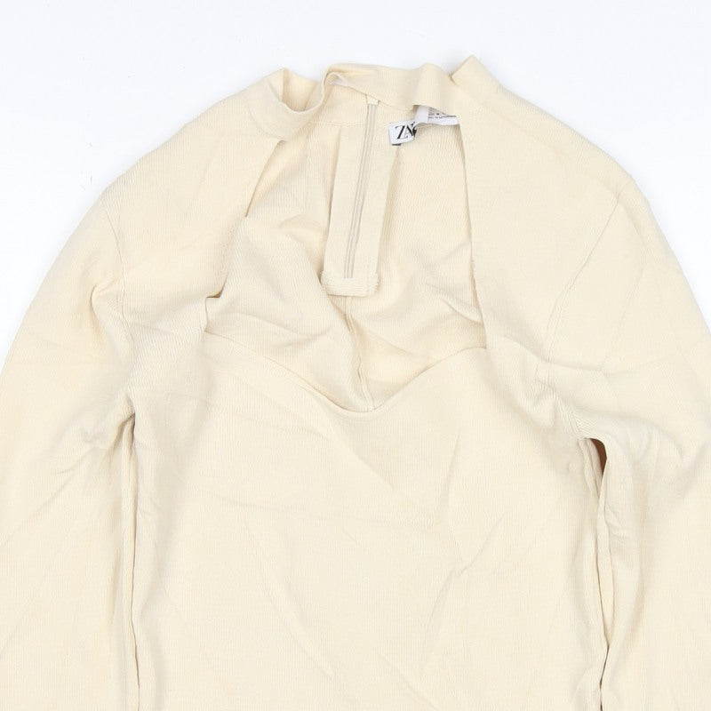 Zara Women Ivory M Knit High Neck Long Sleeve Zip Top