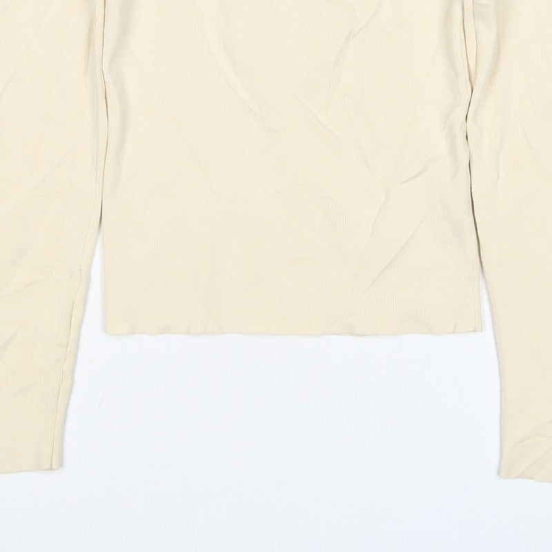Zara Women Ivory M Knit High Neck Long Sleeve Zip Top