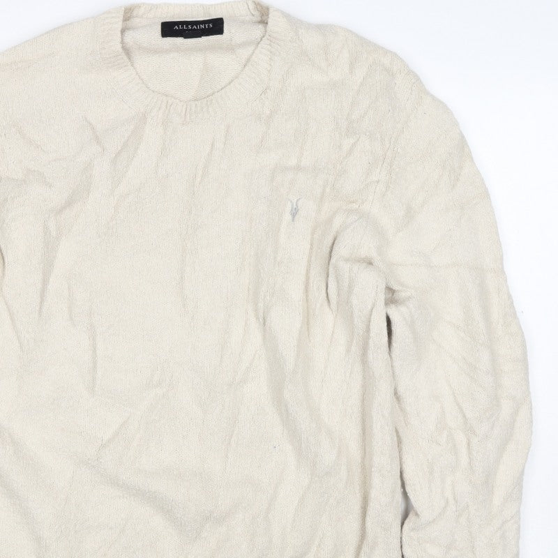AllSaints Men’s Ivory XL Crew Neck Logo Knit Pullover Jumper