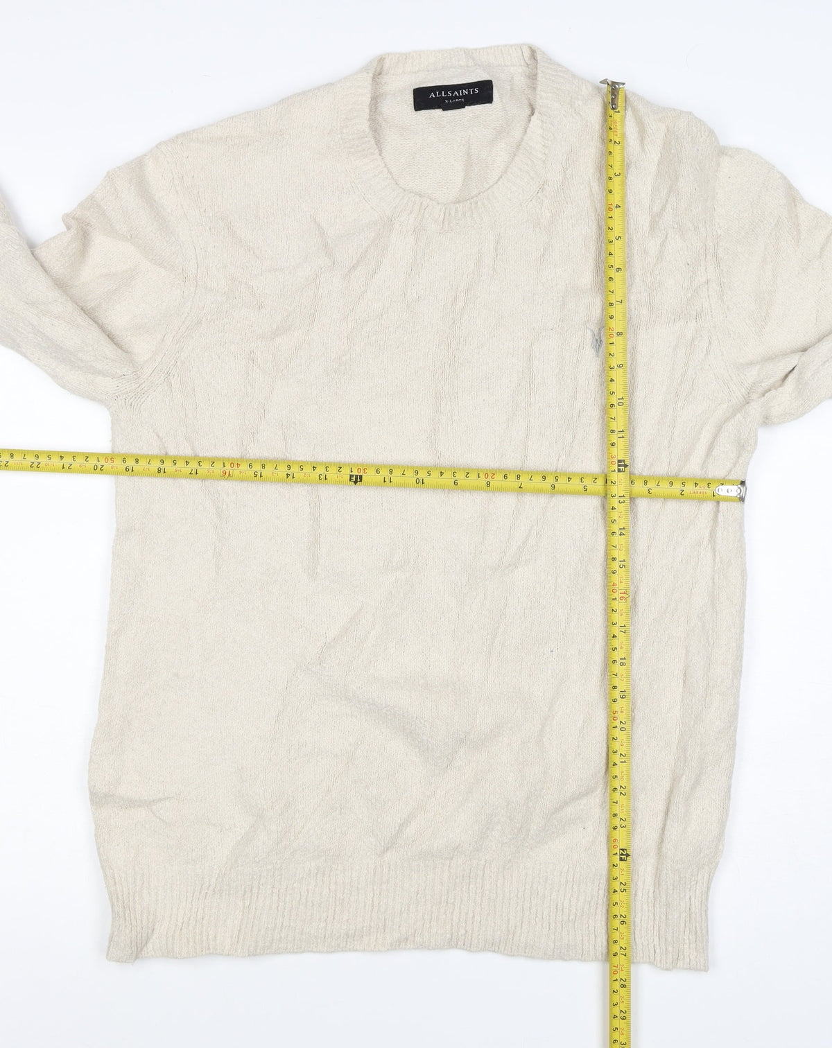 AllSaints Men’s Ivory XL Crew Neck Logo Knit Pullover Jumper