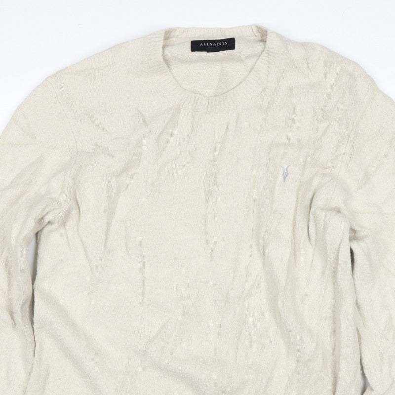 AllSaints Men’s Ivory XL Crew Neck Logo Knit Pullover Jumper