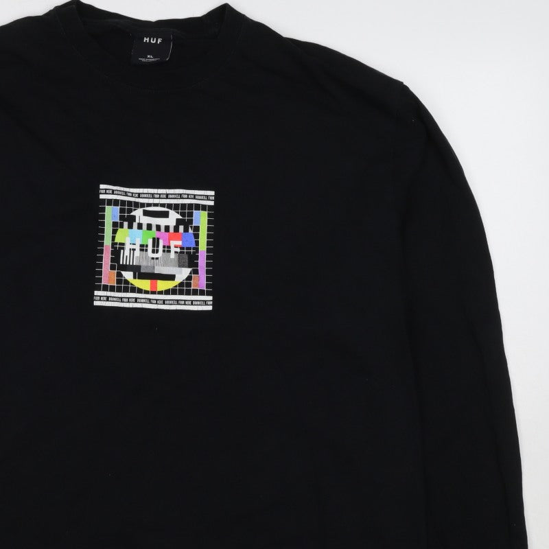 HUF Men's Black XL Long Sleeve Graphic Test Card Cotton T-Shirt