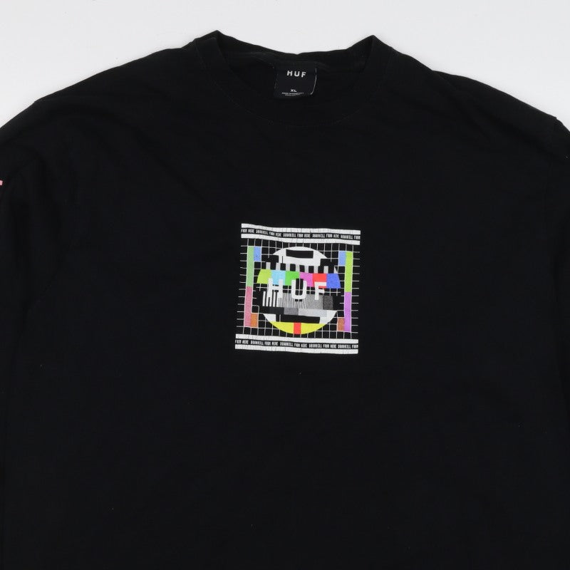 HUF Men's Black XL Long Sleeve Graphic Test Card Cotton T-Shirt