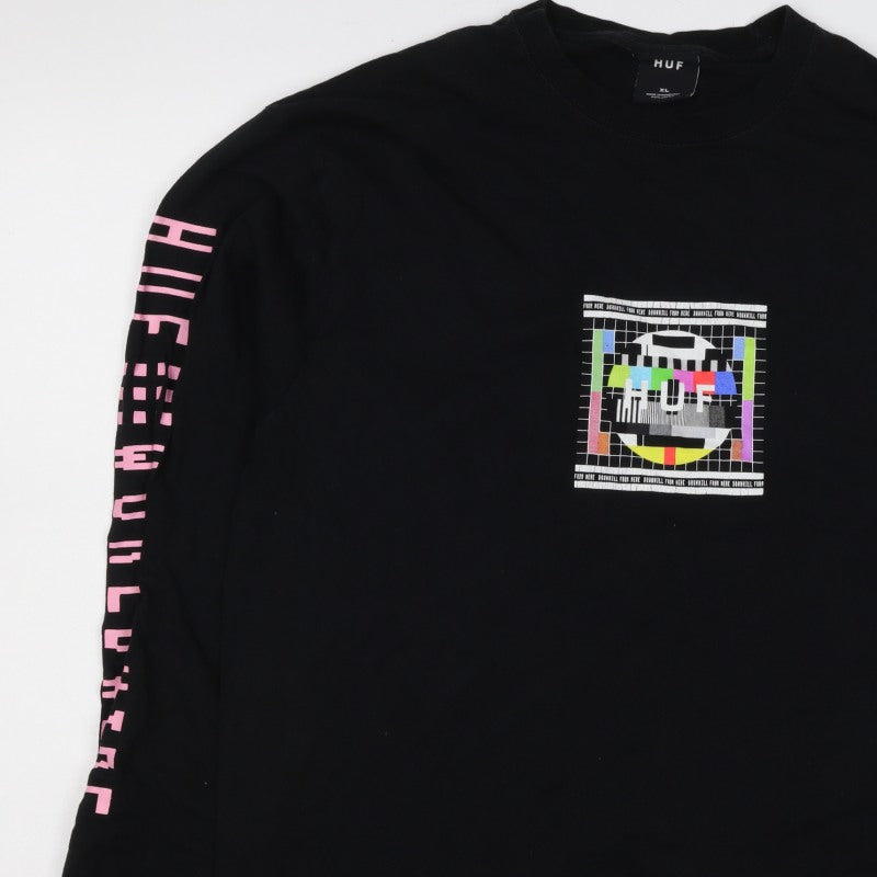 HUF Men's Black XL Long Sleeve Graphic Test Card Cotton T-Shirt