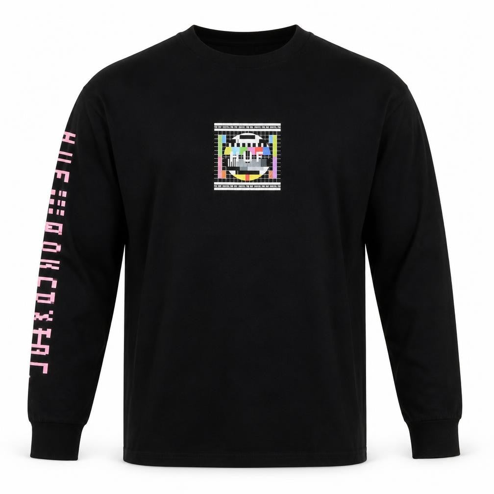 HUF Men's Black XL Long Sleeve Graphic Test Card Cotton T-Shirt