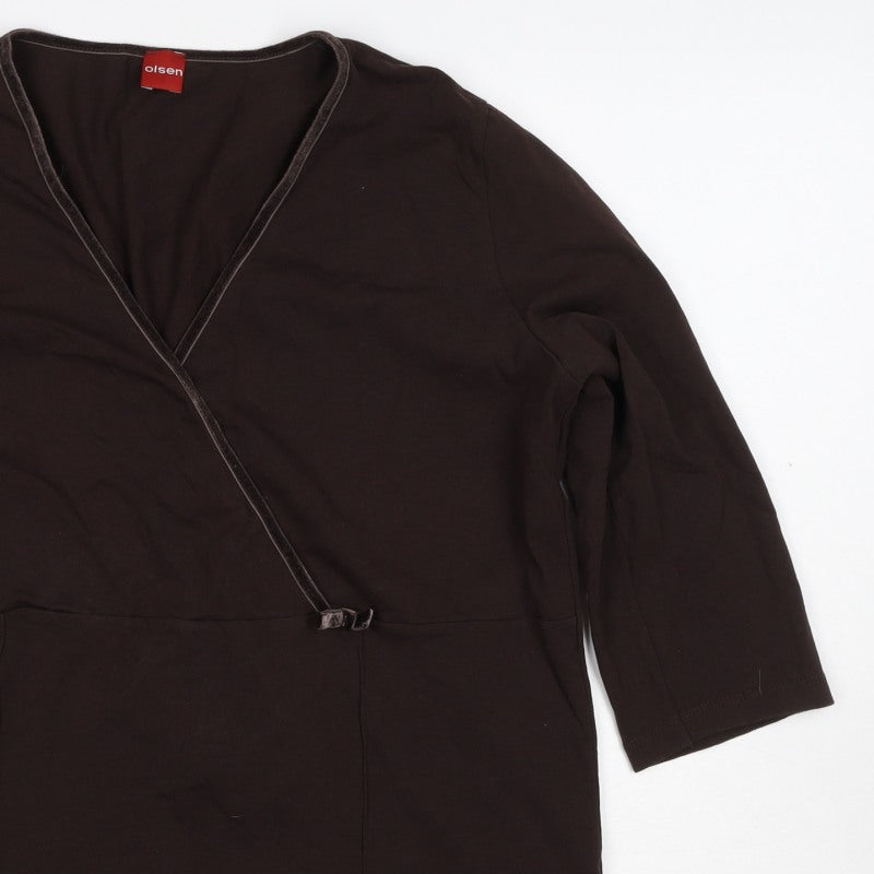 Olsen Women Brown UK 18 Wrap Jersey V-Neck 3/4 Sleeve Blouse