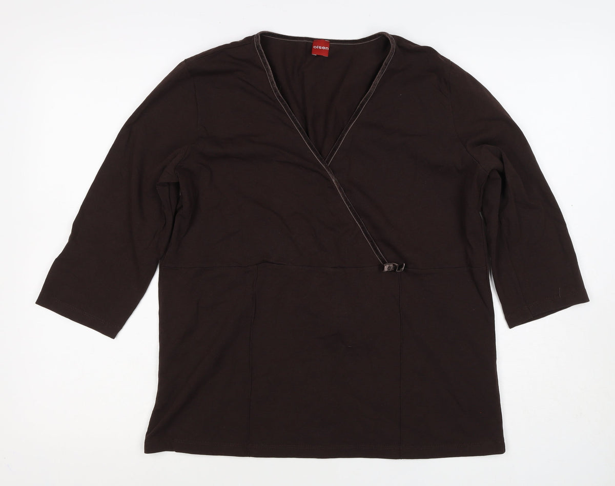 Olsen Women Brown UK 18 Wrap Jersey V-Neck 3/4 Sleeve Blouse