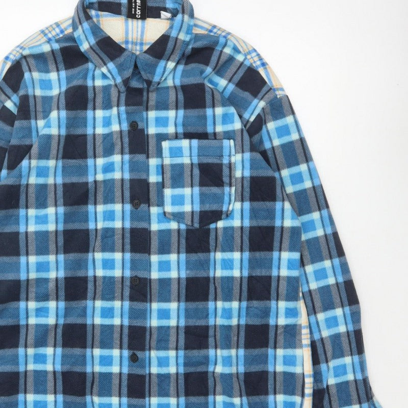 Collusion Women’s Blue Plaid Reversible Button-Up Shirt UK 14 Long Sleeve