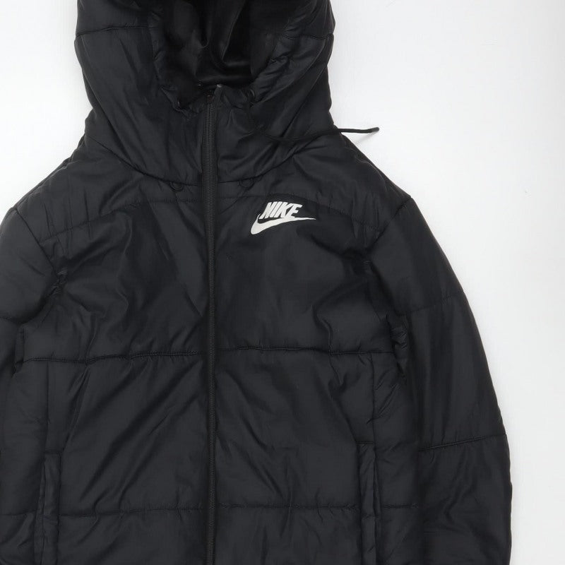 Nike Women Black S Long Hooded Puffer Jacket Quilted Zip