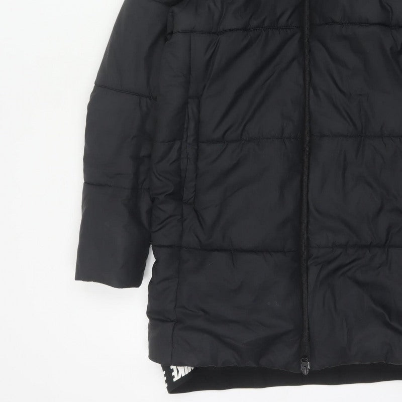 Nike Women Black S Long Hooded Puffer Jacket Quilted Zip