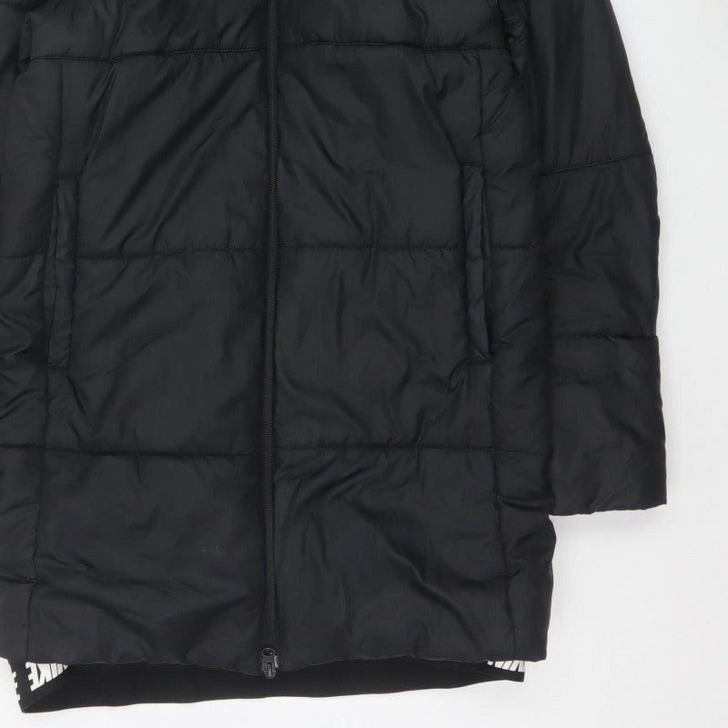 Nike Women Black S Long Hooded Puffer Jacket Quilted Zip