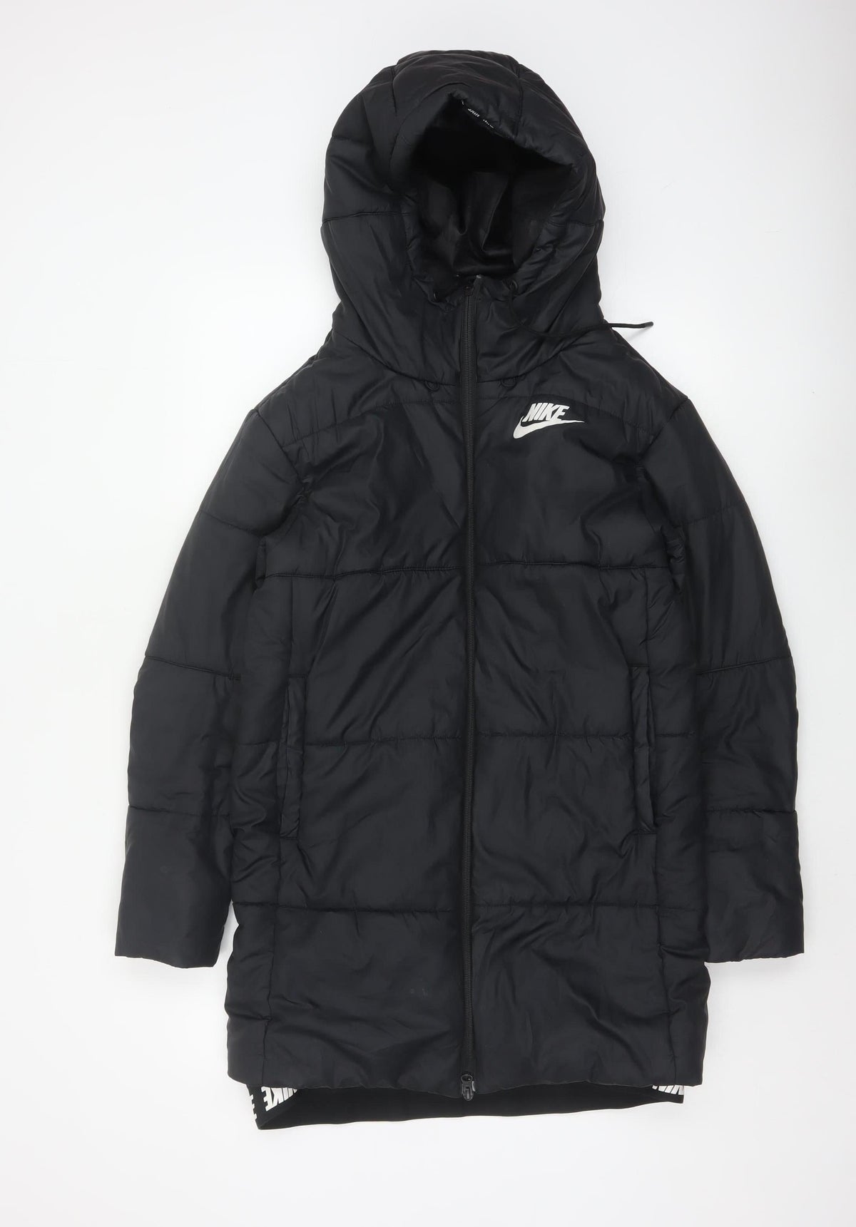 Nike Women Black S Long Hooded Puffer Jacket Quilted Zip