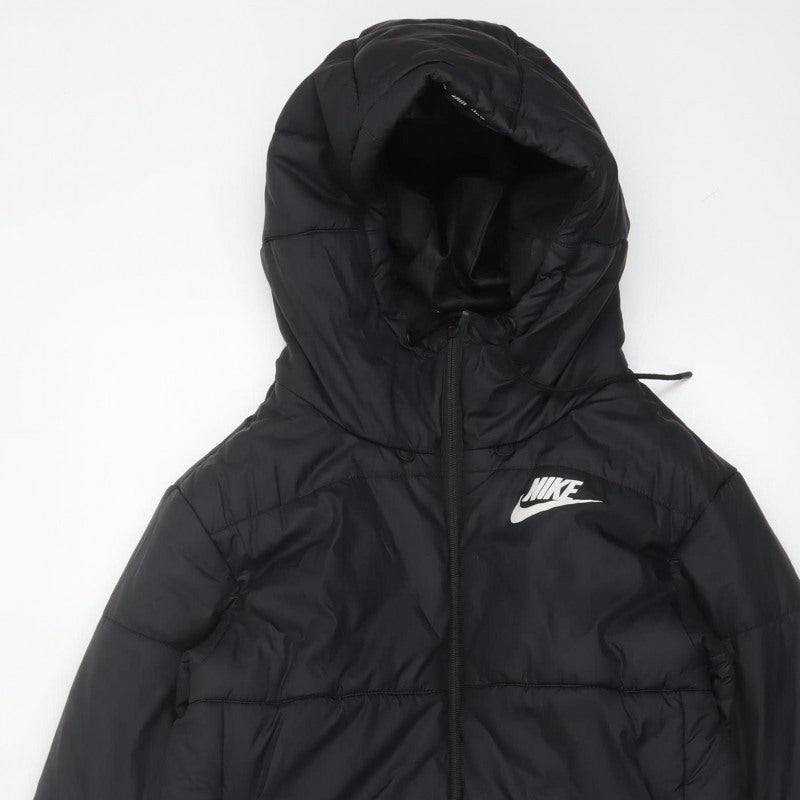 Nike Women Black S Long Hooded Puffer Jacket Quilted Zip