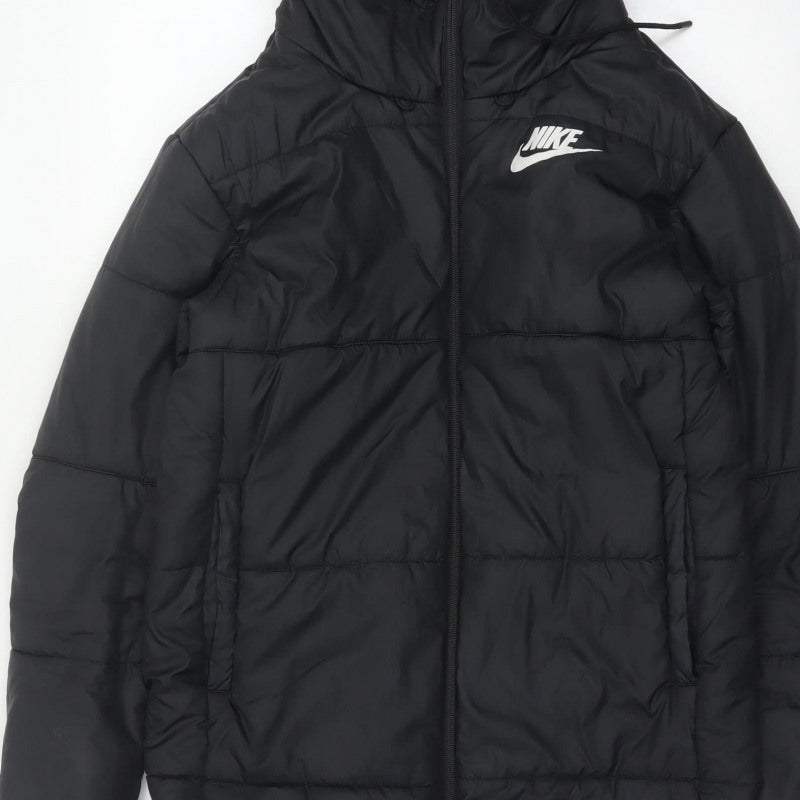 Nike Women Black S Long Hooded Puffer Jacket Quilted Zip