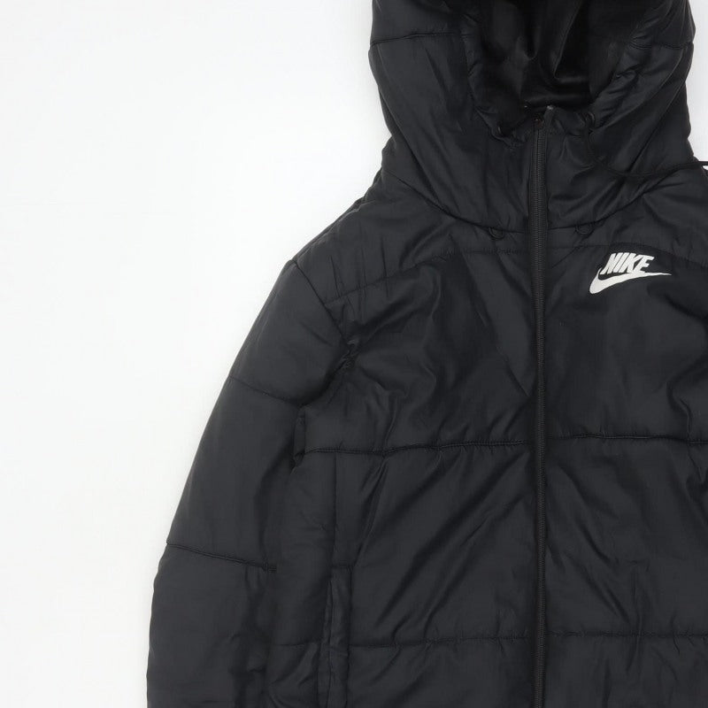 Nike Women Black S Long Hooded Puffer Jacket Quilted Zip