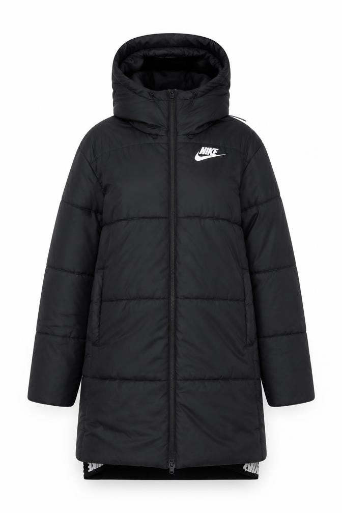 Nike Women Black S Long Hooded Puffer Jacket Quilted Zip