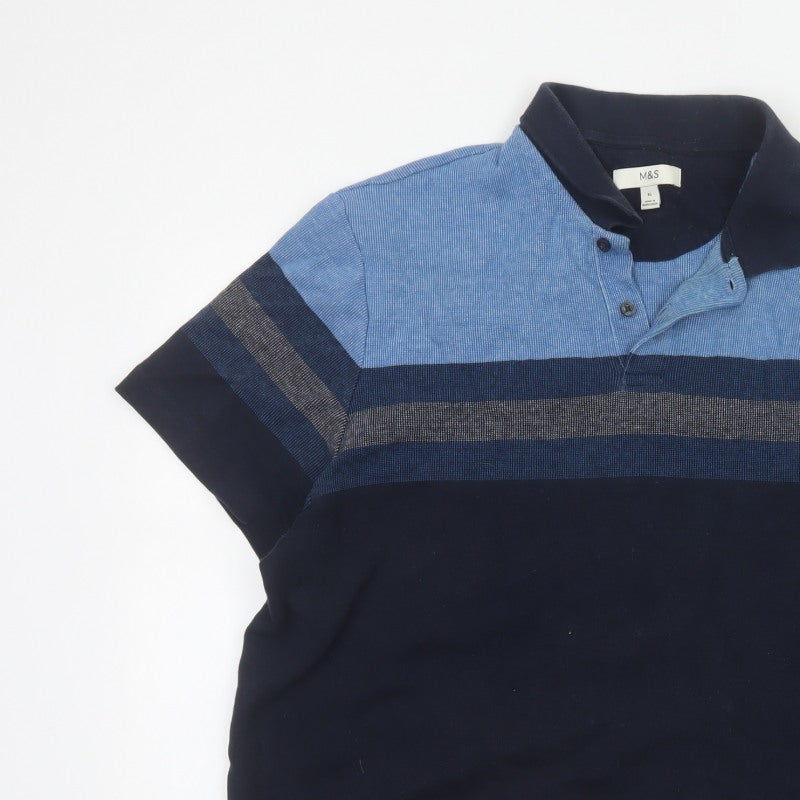 Marks and Spencer Men's Blue XL Striped Cotton Short Sleeve Polo Shirt