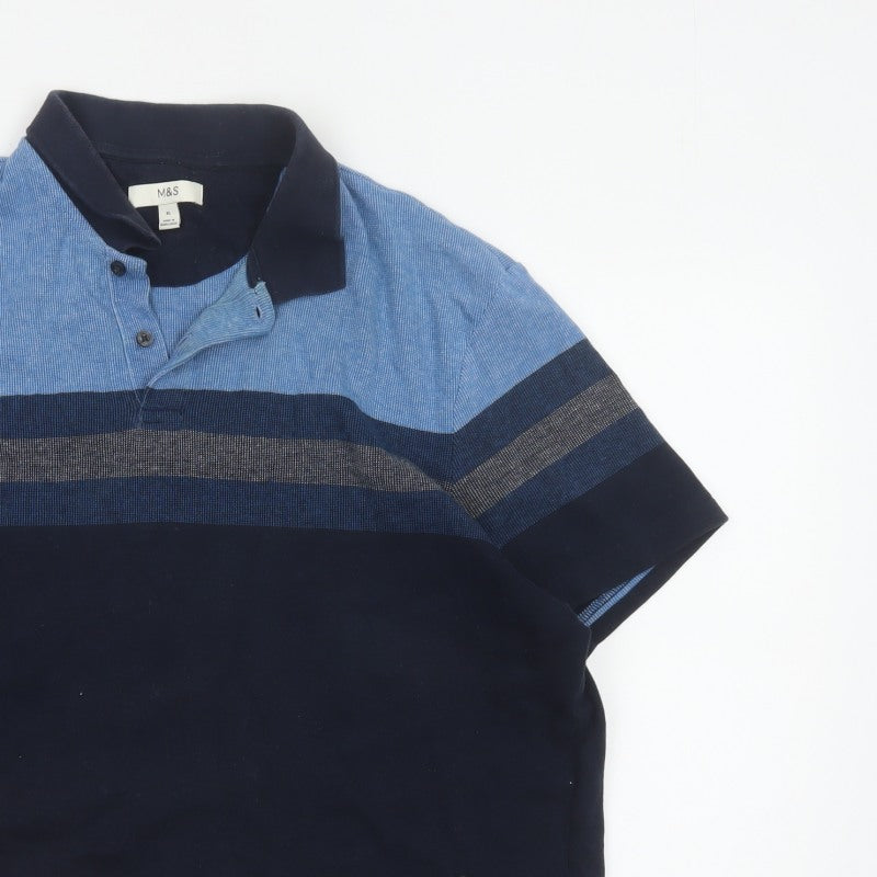 Marks and Spencer Men's Blue XL Striped Cotton Short Sleeve Polo Shirt