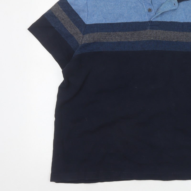 Marks and Spencer Men's Blue XL Striped Cotton Short Sleeve Polo Shirt