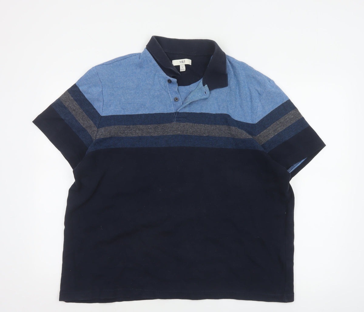 Marks and Spencer Men's Blue XL Striped Cotton Short Sleeve Polo Shirt
