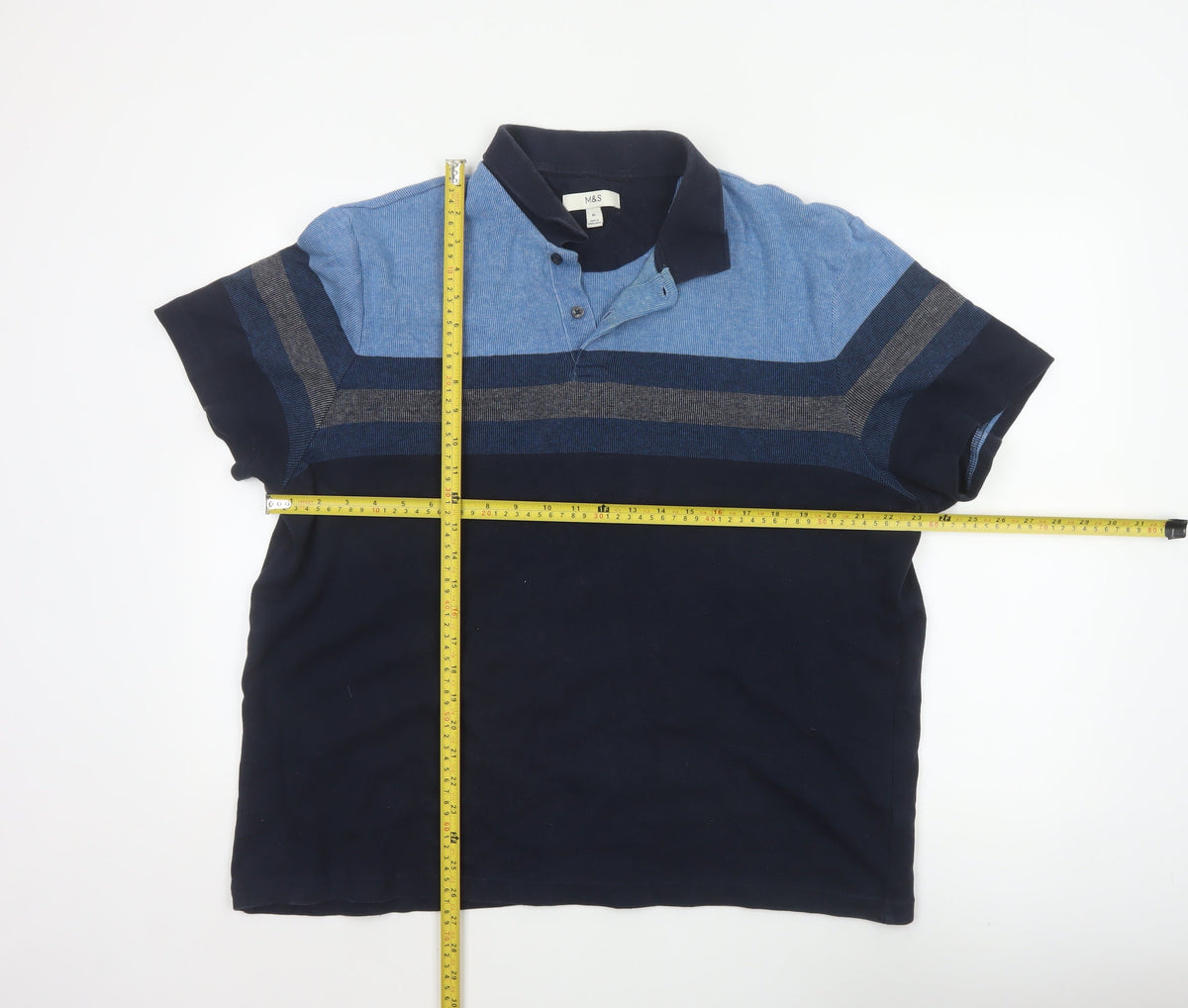 Marks and Spencer Men's Blue XL Striped Cotton Short Sleeve Polo Shirt