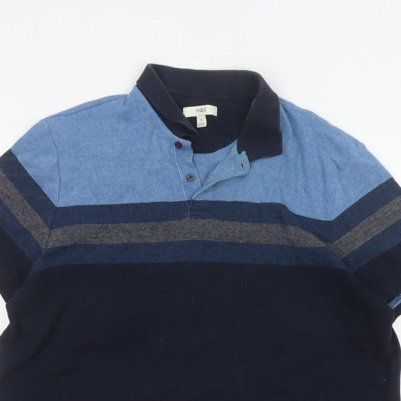 Marks and Spencer Men's Blue XL Striped Cotton Short Sleeve Polo Shirt