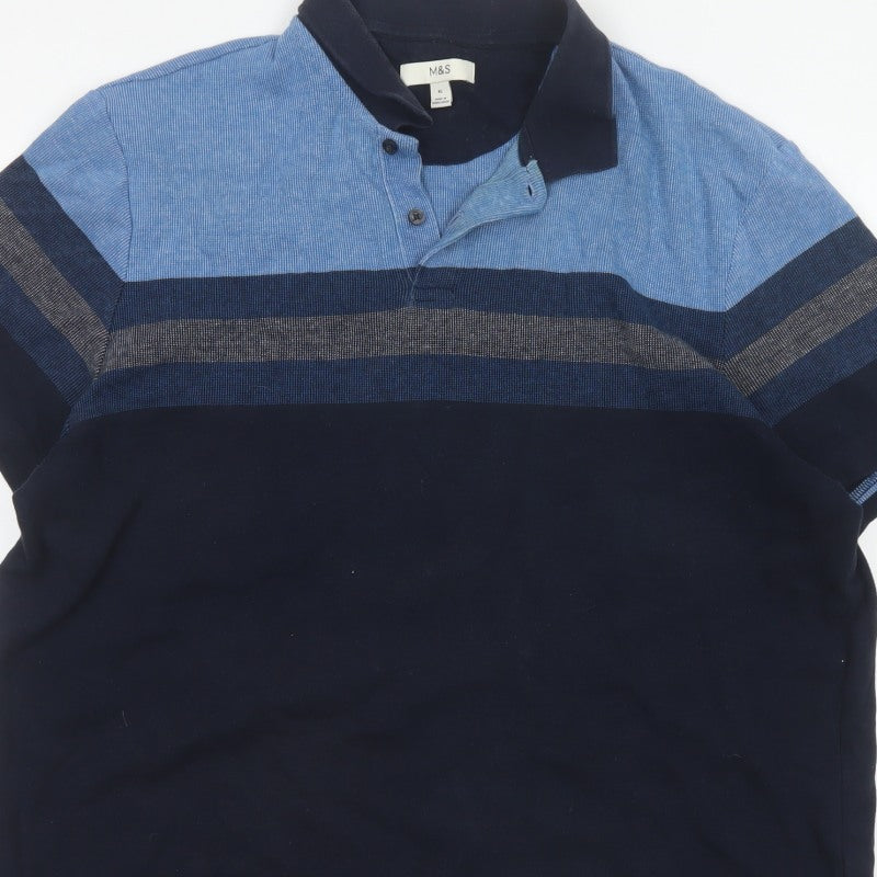 Marks and Spencer Men's Blue XL Striped Cotton Short Sleeve Polo Shirt