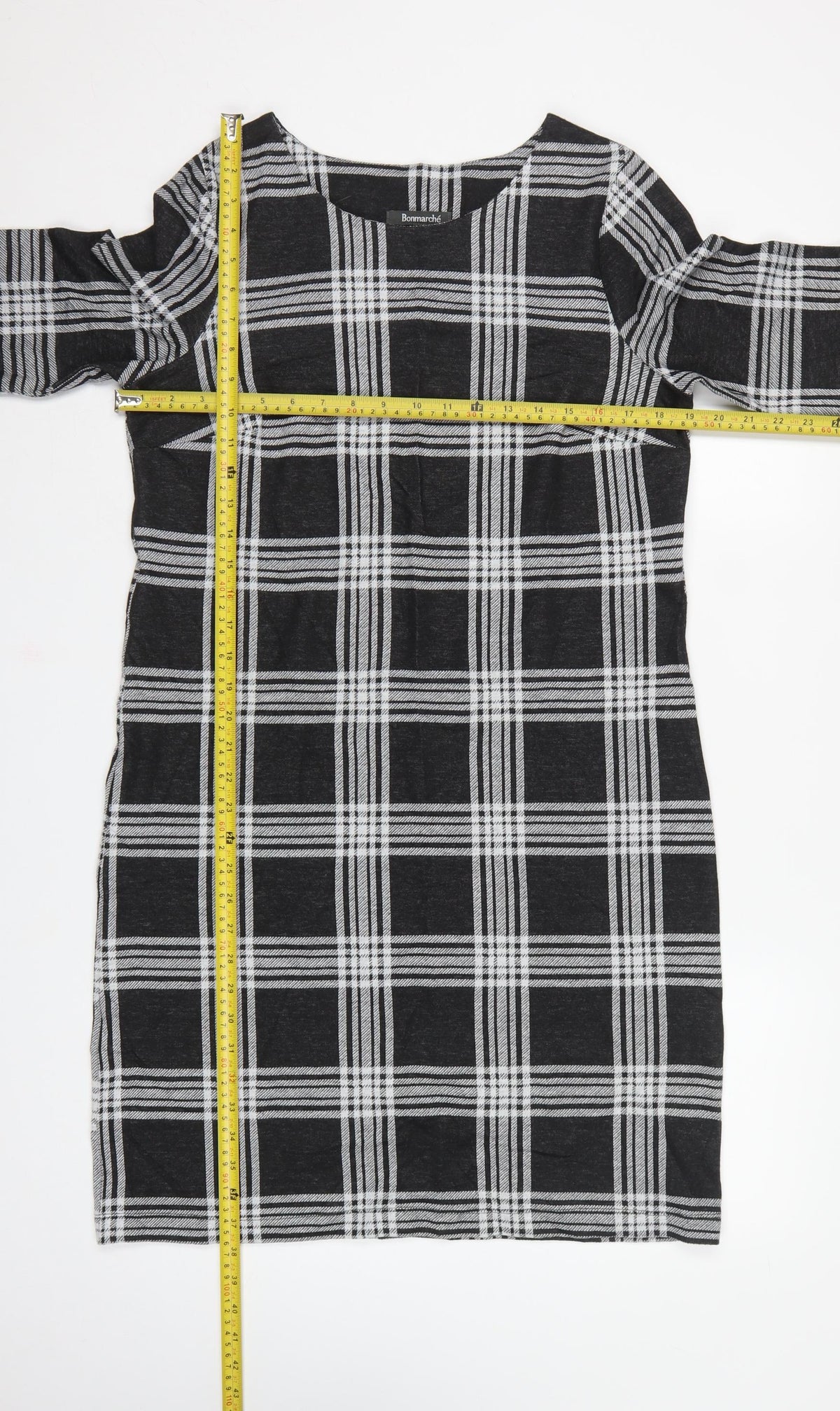 Bonmarché Women Black Check Pencil Dress UK 10 3/4 Sleeve Stretch