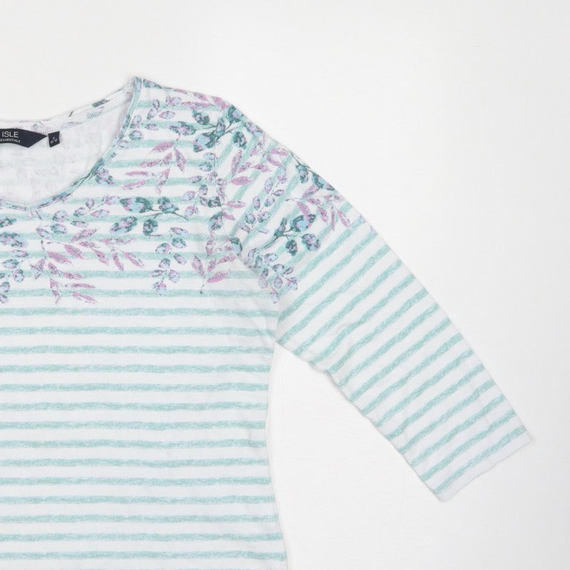 Isle Essentials Women Multicoloured Size 10 Floral Stripe 3/4 Sleeve T-Shirt