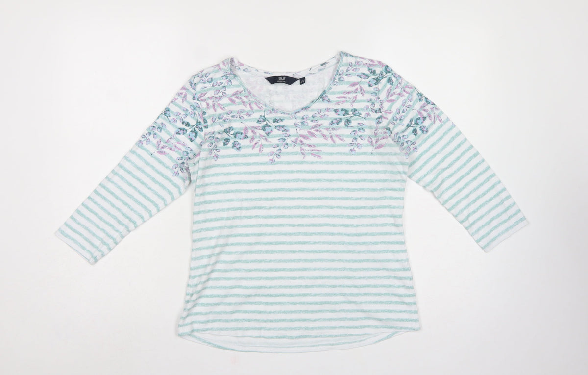 Isle Essentials Women Multicoloured Size 10 Floral Stripe 3/4 Sleeve T-Shirt