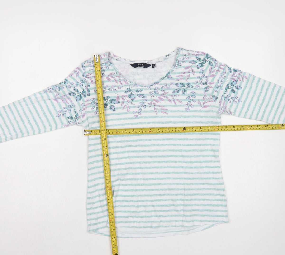 Isle Essentials Women Multicoloured Size 10 Floral Stripe 3/4 Sleeve T-Shirt