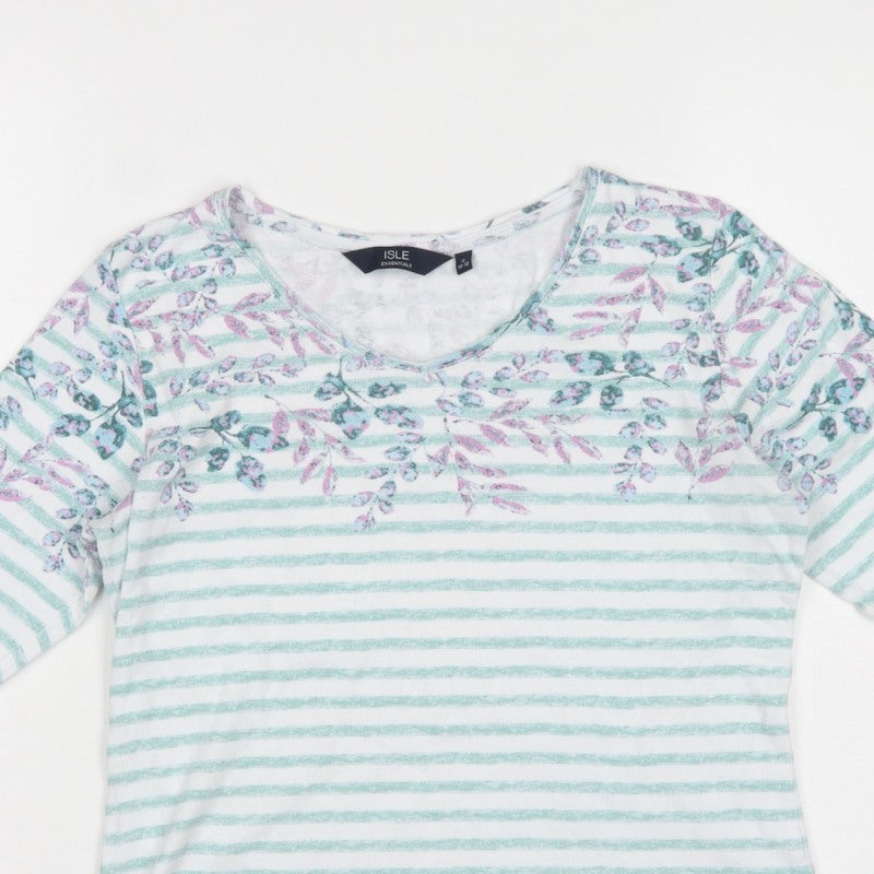 Isle Essentials Women Multicoloured Size 10 Floral Stripe 3/4 Sleeve T-Shirt