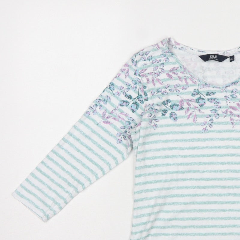 Isle Essentials Women Multicoloured Size 10 Floral Stripe 3/4 Sleeve T-Shirt