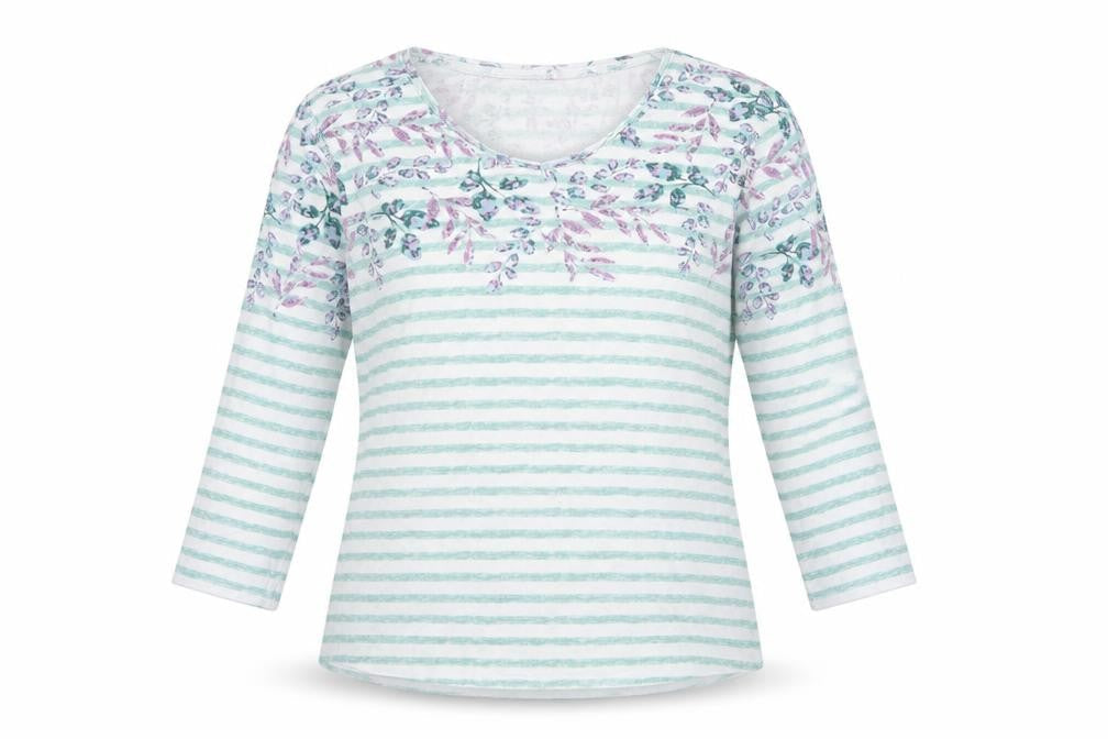 Isle Essentials Women Multicoloured Size 10 Floral Stripe 3/4 Sleeve T-Shirt