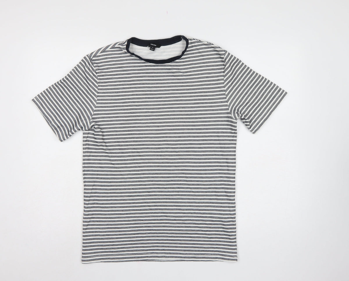 Reiss Men’s White Black Striped Crew Neck Jersey T-Shirt Size S