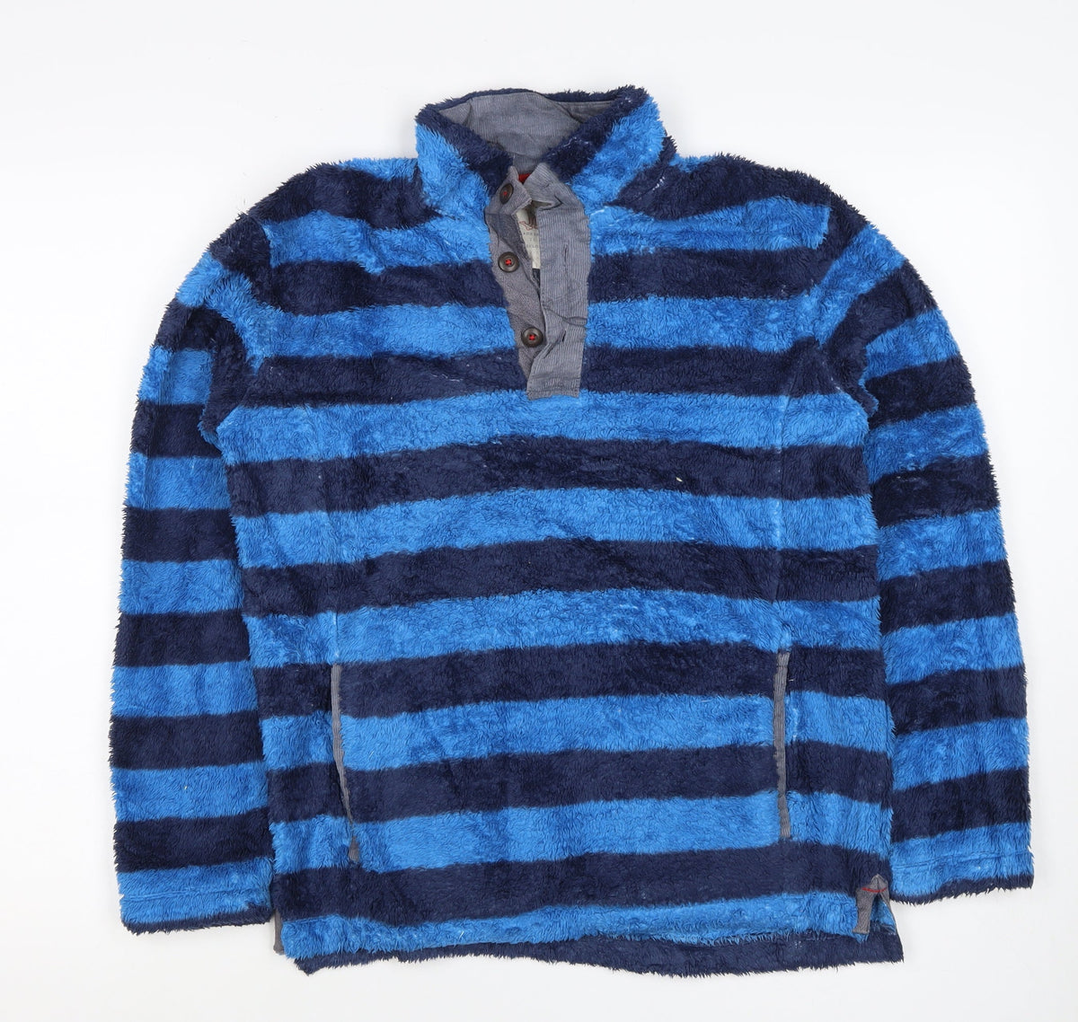 Mini Boden Boys Blue Navy Striped Fleece Jacket 11-12 Years Button Neck