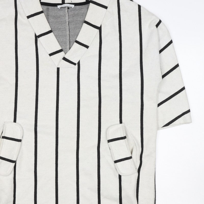 Zara Trafaluc Women Ivory Black Stripe Shift Dress M V-Neck Pockets