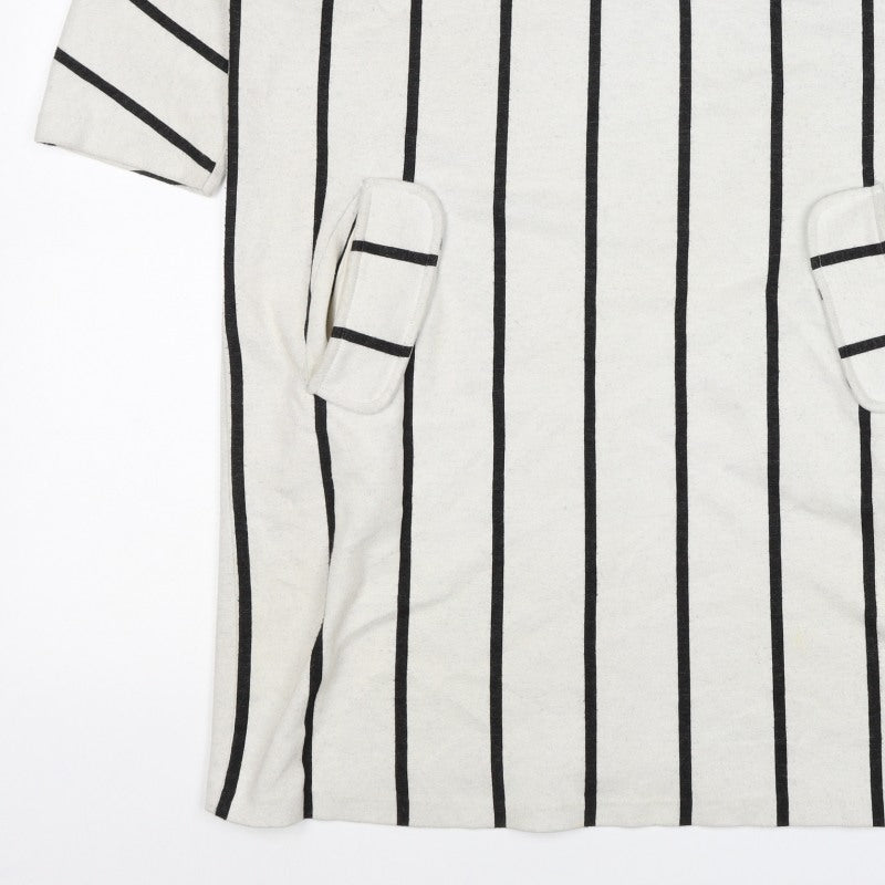 Zara Trafaluc Women Ivory Black Stripe Shift Dress M V-Neck Pockets