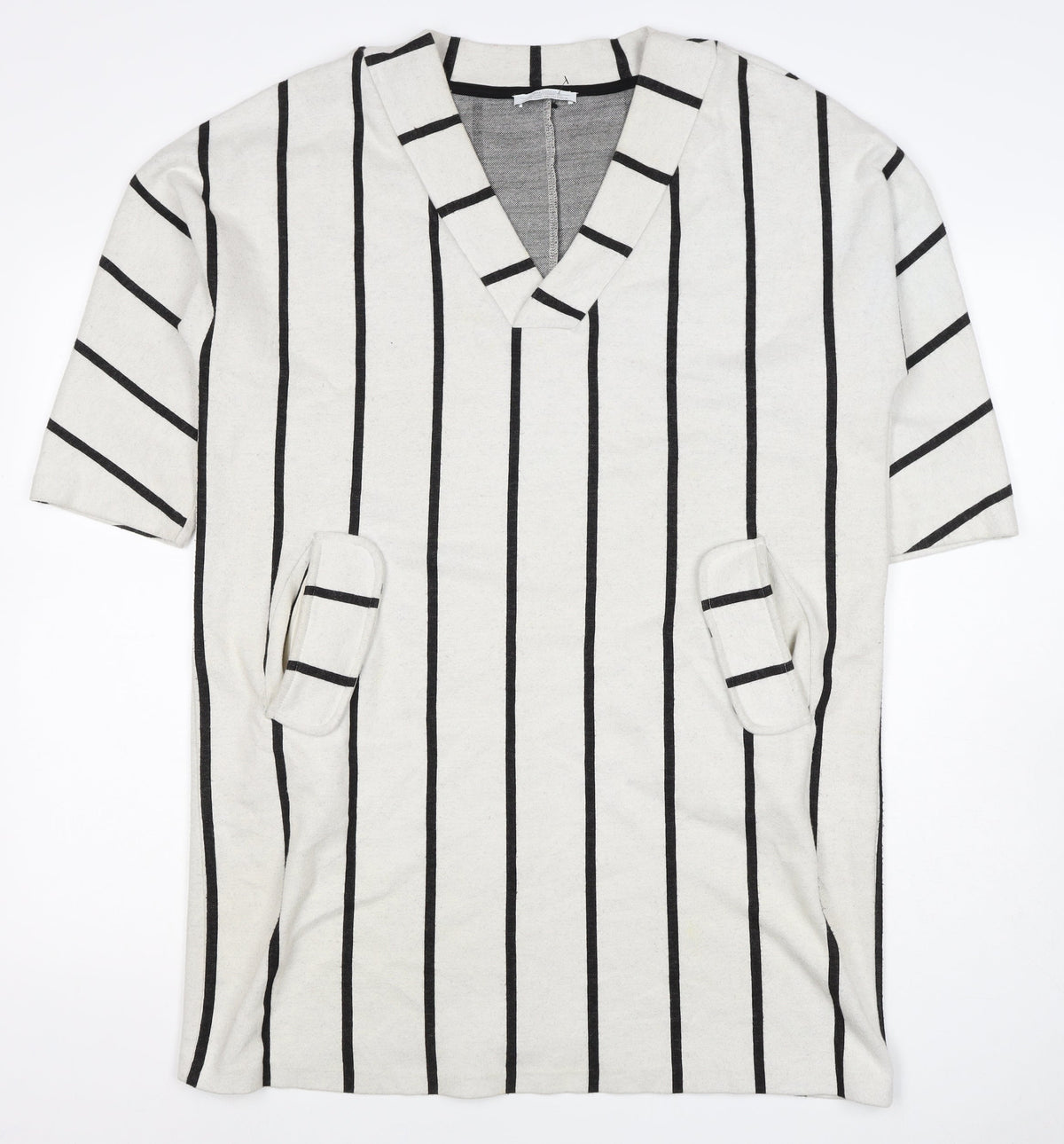 Zara Trafaluc Women Ivory Black Stripe Shift Dress M V-Neck Pockets